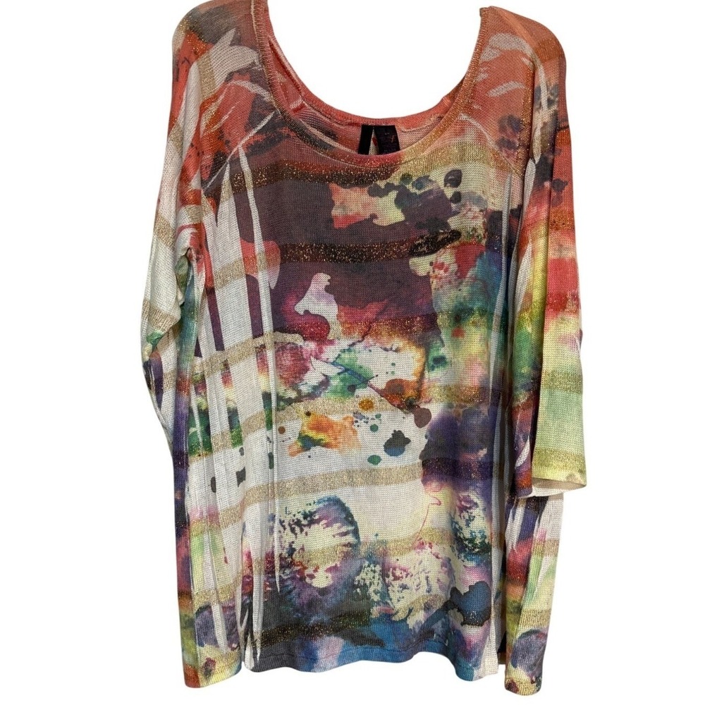 Saint Tropez West Womens Multicolor Abstract Print Top 2X Lightweight Knit With